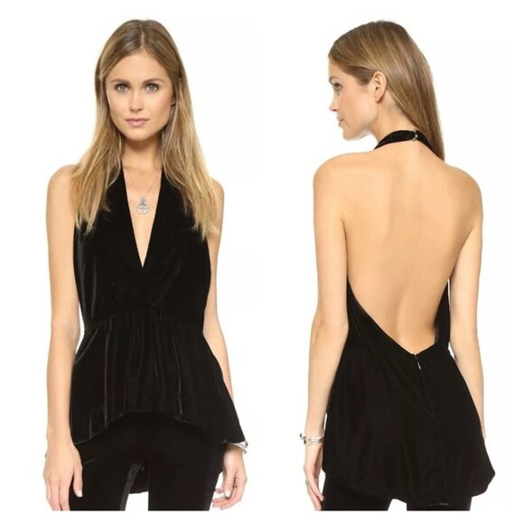 FREE PEOPLE Nicole Velvet Halter Top M -- Black -- Plunging V-Neck -- Open Back - Picture 1 of 12